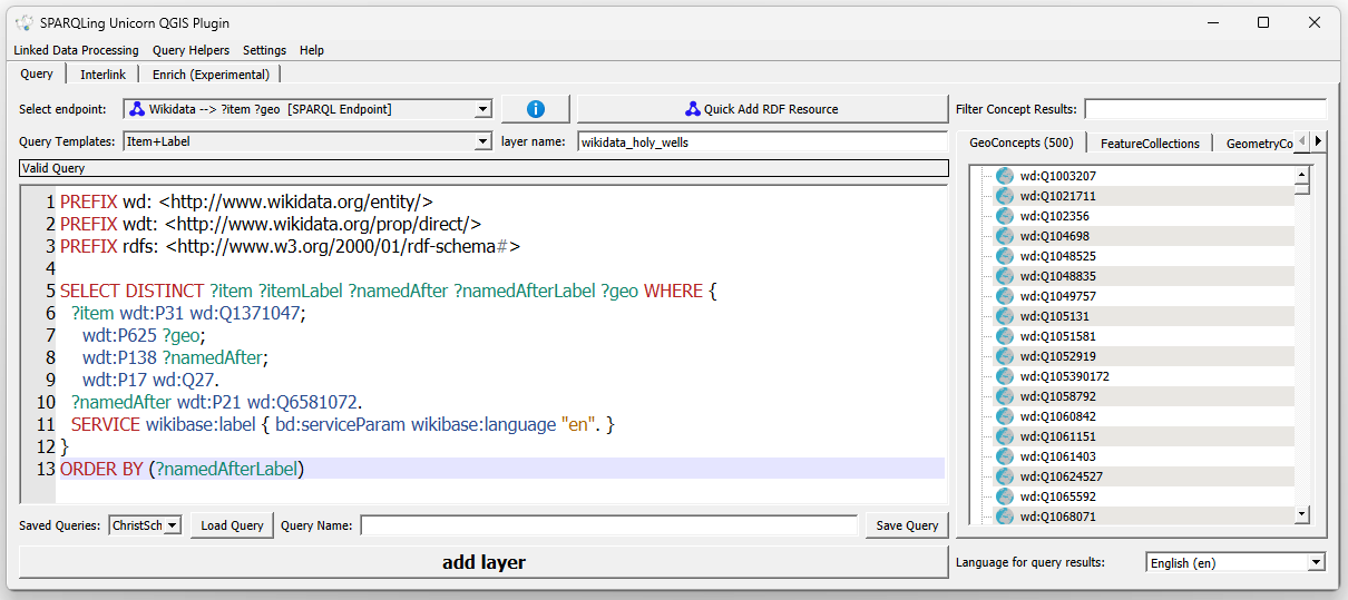 Screenshot of the SPARQLing Unicorn QGIS Plugin showing archaeological sites